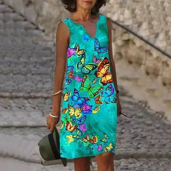Женское летнее синее красивое платье с v-образным вырезом и принтом бабочки, повседневное модное платье без рукавов, повседневное свободное сексуальное платье размера плюс XS-8XL XS фиолетовый