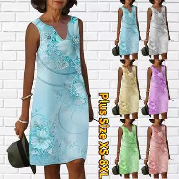 Женское летнее синее нежное платье с v-образным вырезом и цветочным принтом, повседневное модное платье без рукавов, повседневное свободное сексуальное платье размера плюс XS-8XL XS синий