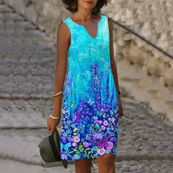 Женское летнее синее платье с v-образным вырезом и цветочным принтом, повседневные модные свободные платья без рукавов, большие размеры XS-8XL XS синий