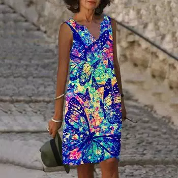 Женское летнее синее платье с v-образным вырезом и принтом бабочки в стиле граффити, повседневное модное платье без рукавов, повседневное свободное сексуальное платье размера плюс XS-8XL XS синий