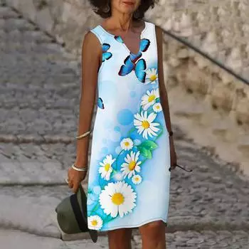 Женское летнее синее платье с v-образным вырезом и принтом ромашки, повседневное модное платье без рукавов, повседневные свободные сексуальные платья размера плюс XS-8XL XS фиолетовый