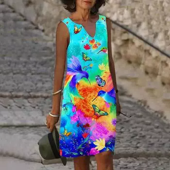 Женское летнее синее платье с v-образным вырезом и птичьим принтом, повседневное модное платье без рукавов, повседневные свободные сексуальные платья размера плюс XS-8XL XS синий