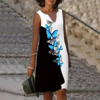 Женское летнее синее платье с v-образным вырезом и диагональным принтом бабочки, повседневное модное платье без рукавов, повседневные свободные сексуальные платья размера плюс XS-8XL XS фиолетовый