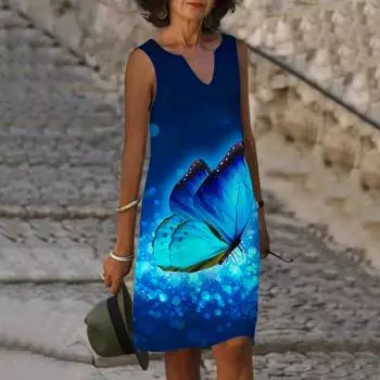 Женское летнее синее платье с v-образным вырезом и принтом бабочки, повседневное модное платье без рукавов, повседневные свободные сексуальные платья размера плюс XS-8XL XS синий