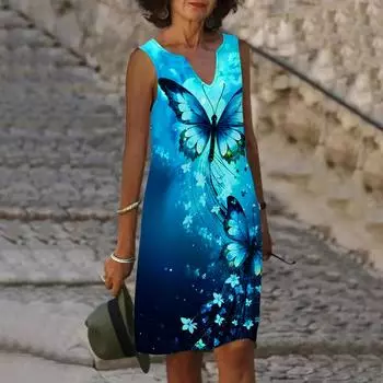 Женское летнее синее платье с v-образным вырезом и принтом бабочки, повседневное модное платье без рукавов, повседневные свободные сексуальные платья размера плюс XS-8XL XS синий