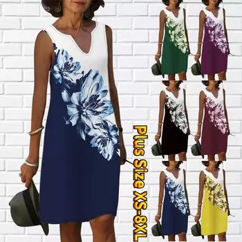Женское летнее синее платье с v-образным вырезом и принтом камелии, повседневное модное платье без рукавов, повседневные свободные сексуальные платья размера плюс XS-8XL XS зелёный