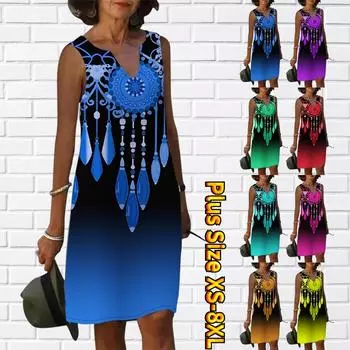 Женское летнее синее платье с v-образным вырезом и ромбовидным узором, повседневное платье без рукавов, модное повседневное свободное сексуальное платье размера плюс XS-8XL XS синий