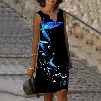 Женское летнее синее прозрачное платье с v-образным вырезом и бабочкой, повседневное модное платье без рукавов, повседневное свободное сексуальное платье размера плюс XS-8XL XS синий