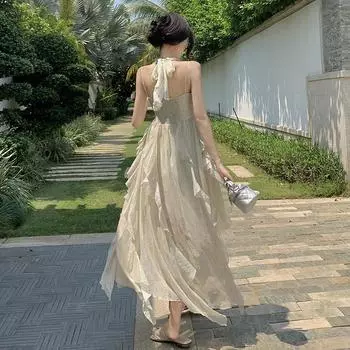 Женское летнее сладкое длинное платье без рукавов с лямкой на шее и темпераментом с жемчугом S бежевый