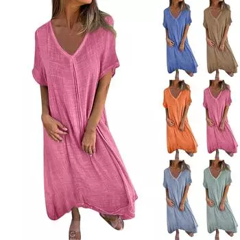 Женское летнее сплошное цветное повседневное модное платье миди из хлопка и льна с v-образным вырезом L бежевый