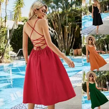 Женское летнее сплошное цветное повседневное пляжное платье с открытой спиной на бретельках без рукавов XS оранжевый