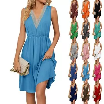 Женское летнее сплошное кружевное повседневное платье без рукавов с v-образным вырезом XXL