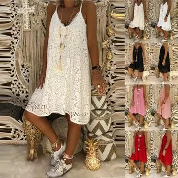 Женское летнее сплошное кружевное свободное платье без рукавов с v-образным вырезом L чёрный