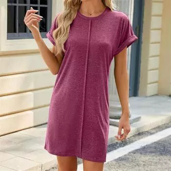 Женское летнее сплошное мини-платье с круглым вырезом и свободным кроем S темно-синий