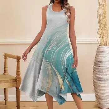 Женское летнее среднее и длинное модное новое платье без рукавов с принтом и нерегулярным кроем S