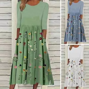 Женское летнее струящееся платье миди в стиле бохо с цветочным принтом и карманами, повседневное платье-халат с коротким рукавом и круглым вырезом S зелёный