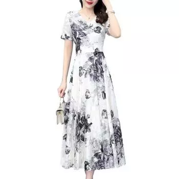 Женское летнее струящееся шифоновое платье макси, повседневное, с коротким рукавом, V-образным вырезом, длинное платье, бохо, цветочный пляжный сарафан L белый