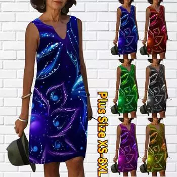 Женское летнее светящееся синее фиолетовое платье с V-образным вырезом и красивым цветочным принтом, повседневное модное платье без рукавов, повседневные свободные сексуальные платья размера плюс XS-8XL XS синий