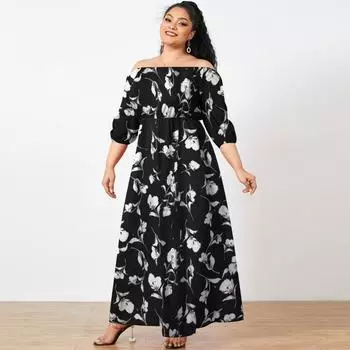 Женское летнее свободное длинное платье с фонариком на одно плечо и коротким рукавом с разрезом и цветочным принтом M зелёный