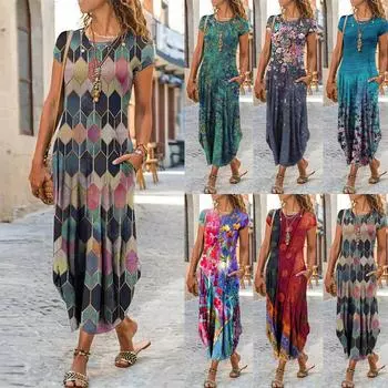 Женское летнее свободное длинное платье с короткими рукавами и принтом больших размеров в народном стиле на заказ M синий