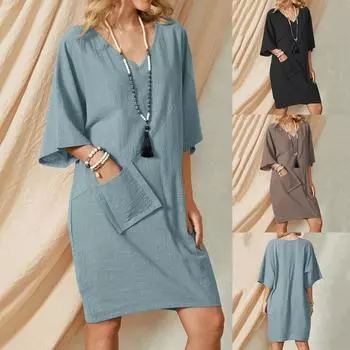 Женское летнее свободное хлопковое льняное платье с v-образным вырезом и средним рукавом
