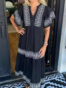 Женское летнее свободное хлопковое платье, модное длинное платье с принтом, модная женская элегантная уличная одежда с цветочным принтом S чёрный