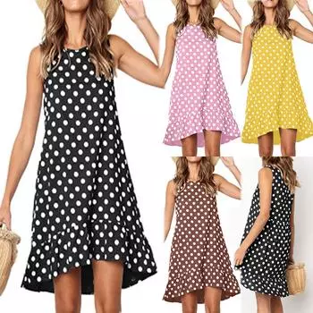 Женское летнее свободное карманное платье без рукавов с принтом в горошек l чёрный