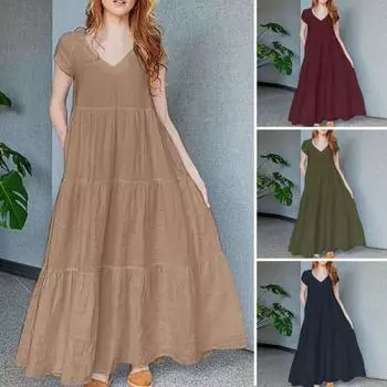 Женское летнее свободное макси-платье трапециевидной формы с треугольным вырезом из полиэстера, однотонное платье с короткими рукавами, облегающее платье с оборками для повседневного путешествия, вечеринки XL хаки