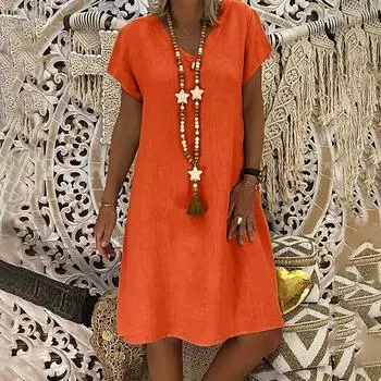 Женское летнее свободное однотонное платье трапециевидной формы с короткими рукавами и v-образным вырезом XL оранжевый
