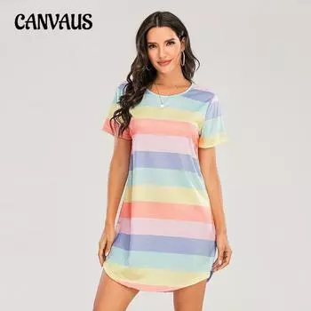 Женское летнее свободное пижамное платье в радужную полоску с короткими рукавами больших размеров S