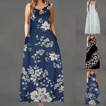 Женское летнее свободное платье без рукавов с круглым вырезом и карманами L чёрный