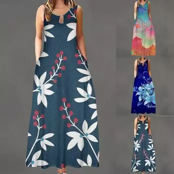 Женское летнее свободное платье без рукавов с круглым вырезом и карманами L синий