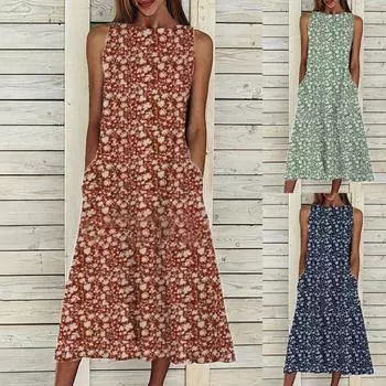 Женское летнее свободное платье без рукавов с принтом больших размеров и карманами L зелёный