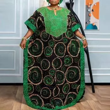 Женское летнее свободное платье большого размера с круглым вырезом и коротким рукавом с принтом M зелёный