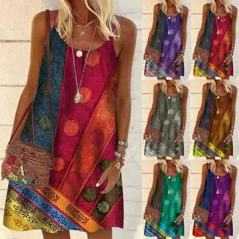 Женское летнее свободное платье до колена без рукавов с круглым вырезом и винтажным принтом L хаки