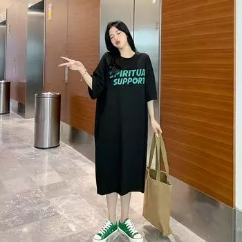 Женское летнее свободное платье-футболка M чёрный