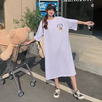 Женское летнее свободное платье-футболка с разрезом выше колена, платье с короткими рукавами M белый