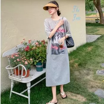 Женское летнее свободное платье-футболка с принтом, прикрывающее живот, тонкое повседневное спортивное M серый