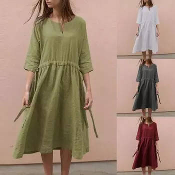 Женское летнее свободное платье из хлопка и конопли с V-образным вырезом и рукавами три четверти на шнуровке Юбка L армия зеленый