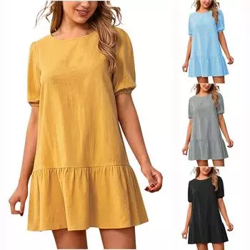 Женское летнее свободное платье из хлопка и льна с круглым вырезом и коротким рукавом L чёрный