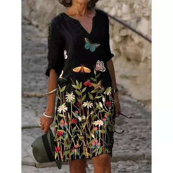 Женское летнее свободное платье-миди с цветочным принтом, прямое платье с коротким рукавом и v-образным вырезом, модные винтажные платья XXXL