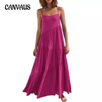 Женское летнее свободное платье размера плюс, пляжное однотонное плиссированное платье с лямкой на шее, длинное платье S красный