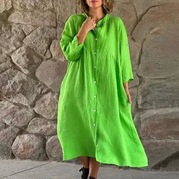 Женское летнее свободное платье-рубашка с воротником-стойкой, рукавами 3/4 и пуговицами, однотонное свободное платье миди, уличная одежда 4XL зелёный