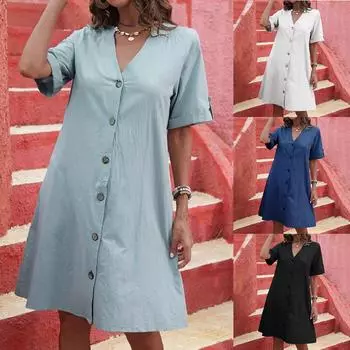 Женское летнее свободное платье с коротким рукавом, однобортное однобортное платье средней длины с v-образным вырезом L чёрный