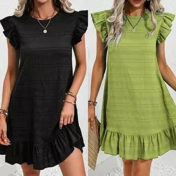 Женское летнее свободное платье с рукавами-крылышками и оборками, однотонное праздничное цельное платье длиной выше колена 4XL чёрный