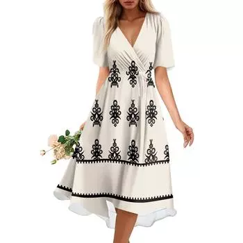 Женское летнее свободное платье с V-образным вырезом и коротким рукавом, элегантное платье L бежевый
