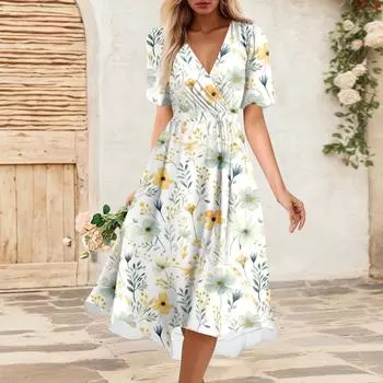 Женское летнее свободное платье с V-образным вырезом и коротким рукавом, элегантное платье L хаки