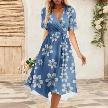 Женское летнее свободное платье с V-образным вырезом и коротким рукавом, элегантное платье S синий
