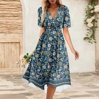 Женское летнее свободное платье с V-образным вырезом и коротким рукавом, элегантное платье S