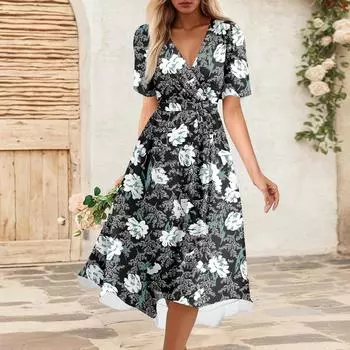 Женское летнее свободное платье с V-образным вырезом и коротким рукавом, элегантное платье L чёрный